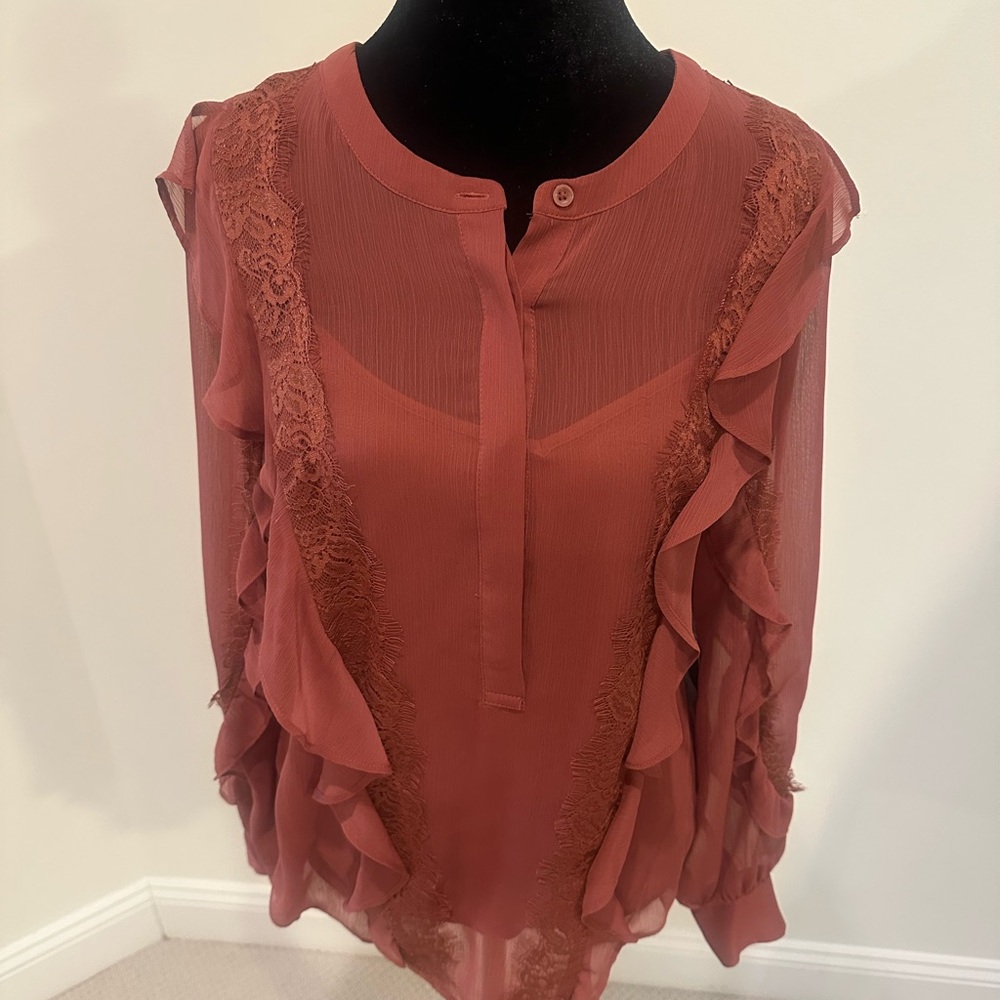 Vera Wang Rust Lace Ruffle Sheer Blouse | Size - Picture 1 of 5